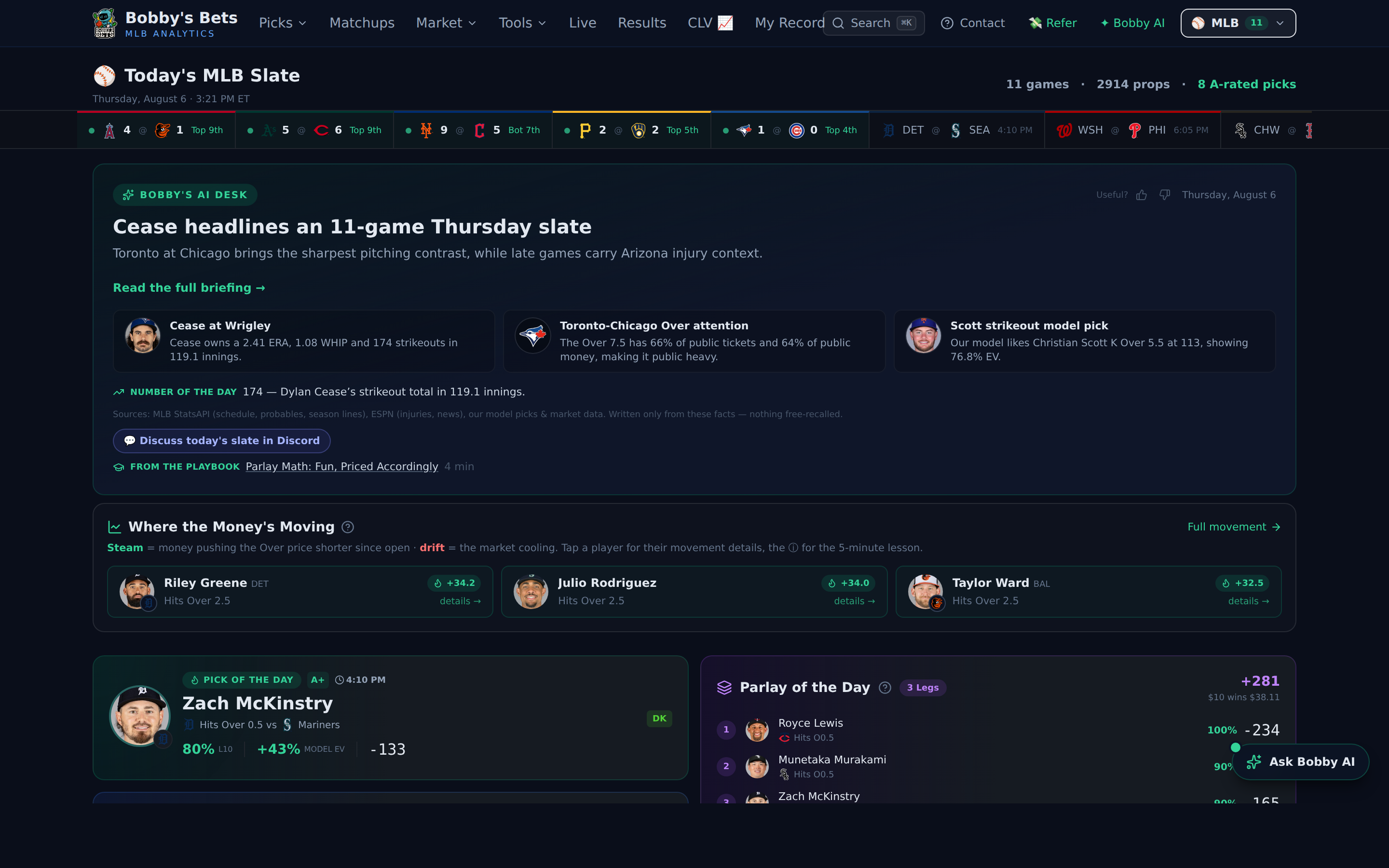 The daily hub — AI Desk briefing, Pick of the Day, and 100% Club